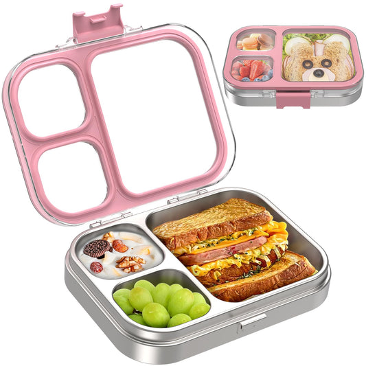 LOHASOK Kids Stainless Steel Bento Box with Silicone Lid Leak-proof Toddlers Lunch Container 3 Compartments Dishwasher Safe Pink