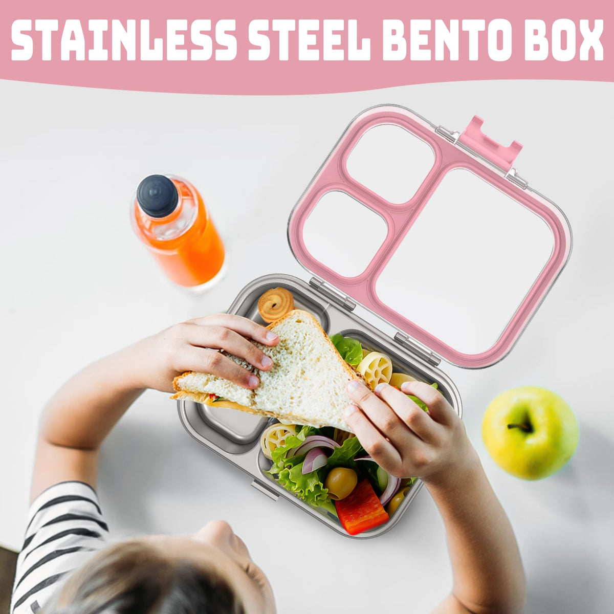 LOHASOK Kids Stainless Steel Bento Box with Silicone Lid Leak-proof Toddlers Lunch Container 3 Compartments Dishwasher Safe Pink