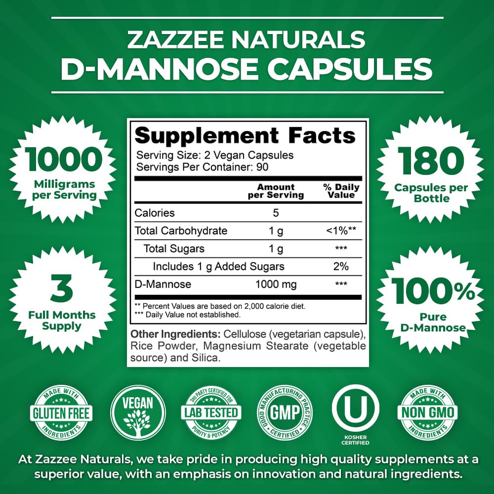 Zazzee D-Mannose, 1000 mg per Serving, 180 Vegan Capsules