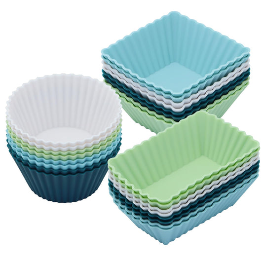 24Pack Silicone Muffin Cups, Reusable Cupcake Liners Molds for Baking, 3 Shapes Lunch Box Bento Dividers-Round, Square, and Rectangular (Neutral Colors, Regular Size)