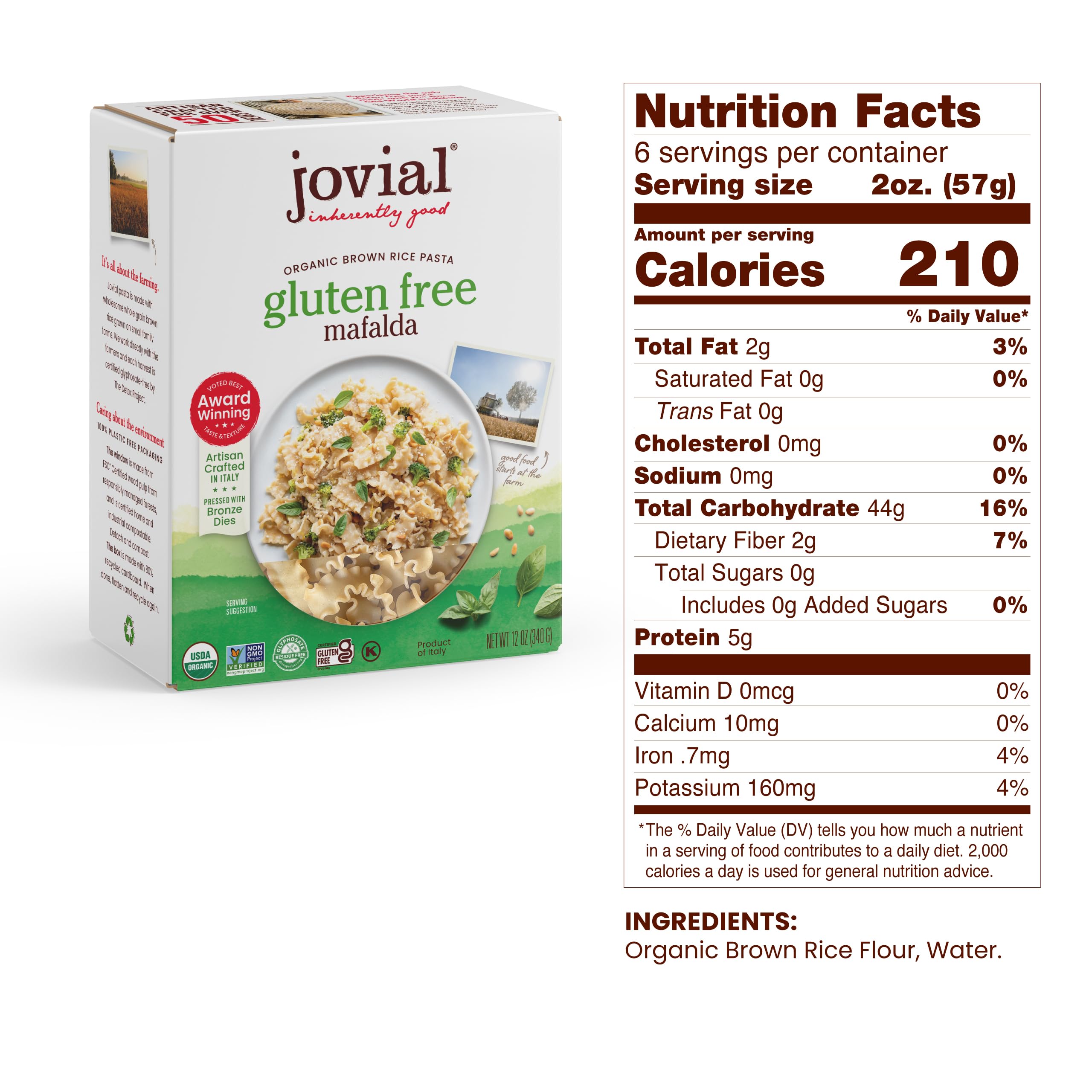 Jovial Whole Grain Brown Rice Pasta Variety Pack (Mafalda, Farfalle, Elbows, Fusilli, Casarecce, Penne), 12 Oz, 6 Pack