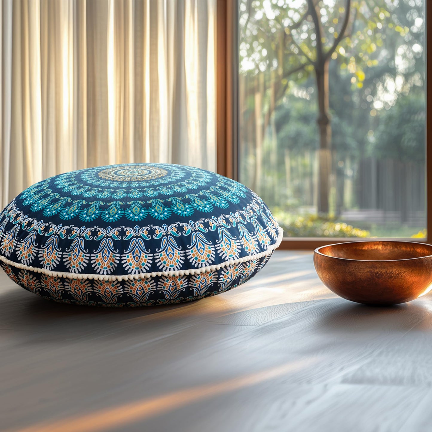 Codi Meditation Floor Pillow Set of 2, Bohemian Mandala Circle Cushion, 32 Inch, Memory Foam Added, Navy
