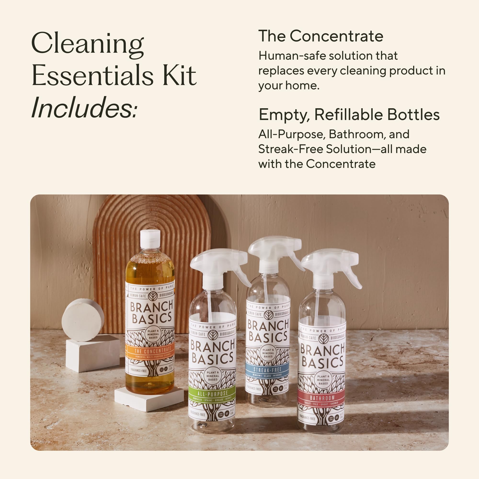 Branch Basics Cleaning Essentials Kit: All Purpose Spray, Glass Cleaner, and Bathroom Cleaner