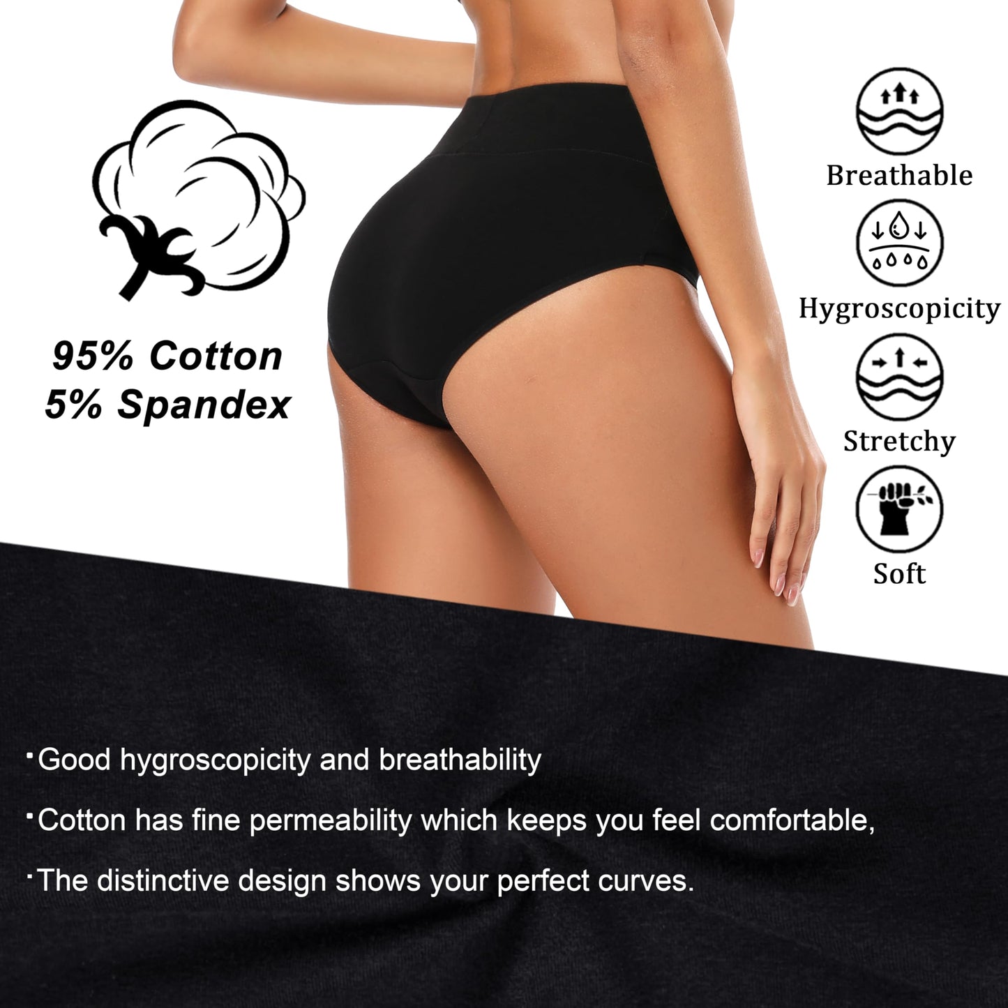 Molasus Women's Soft Cotton Underwear Briefs High Waisted 5 pack