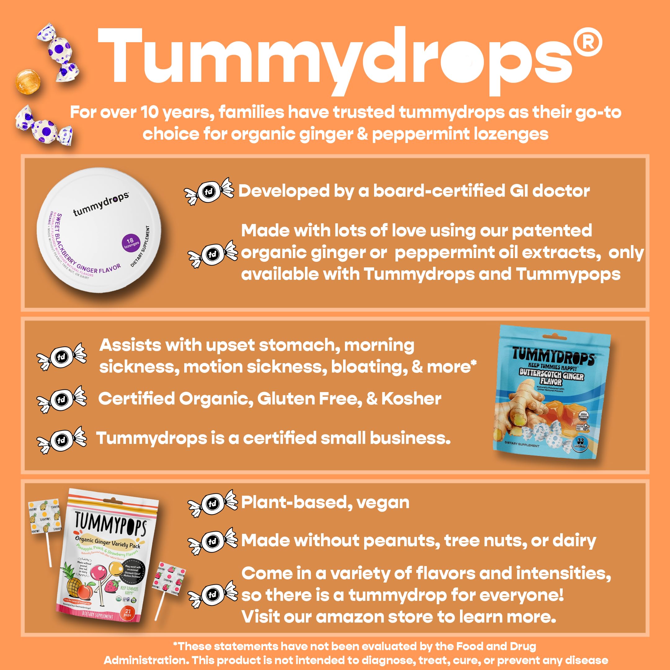 Tummydrops, Natural Peppermint, Gluten Free & Vegan, Pure Peppermint Oil Lozenges Made with Organic Ingredients