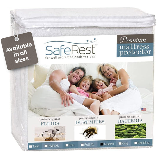 SafeRest Waterproof Queen Size Mattress Protector - Fitted with Stretchable Pockets - Machine Washable Cotton