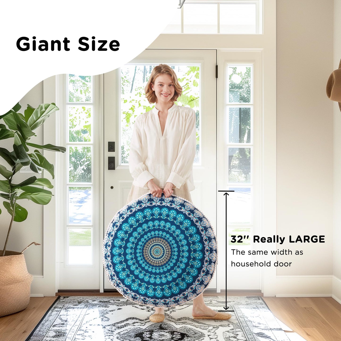 Codi Meditation Floor Pillow Set of 2, Bohemian Mandala Circle Cushion, 32 Inch, Memory Foam Added, Navy