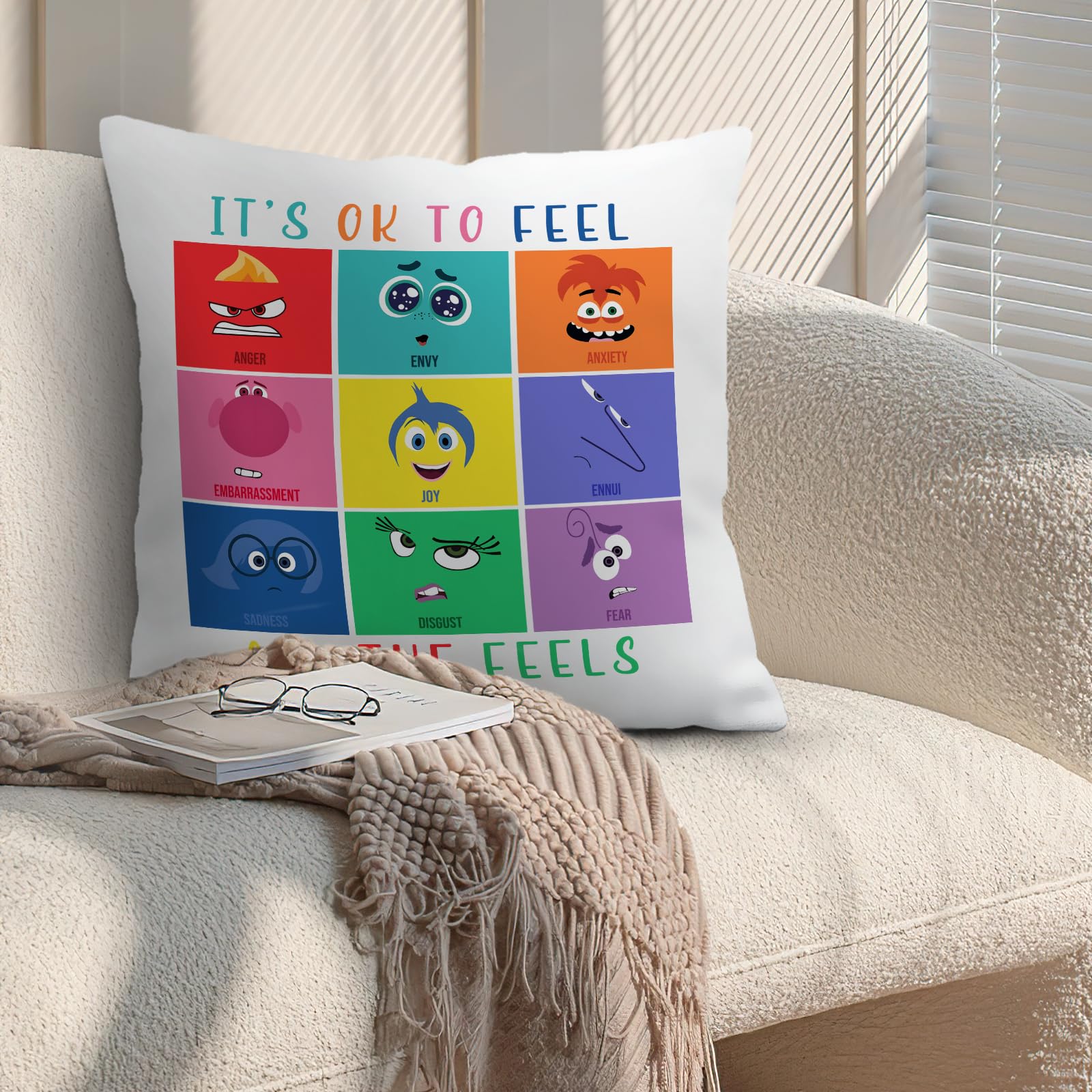 Inside Out 2 Pillow Cover Joy Anger Anxiety Fear Envy Sadness Velvet Throw Pillowcase for Home Bedroom Sofa Office Decor Gift for Child 18"x18"
