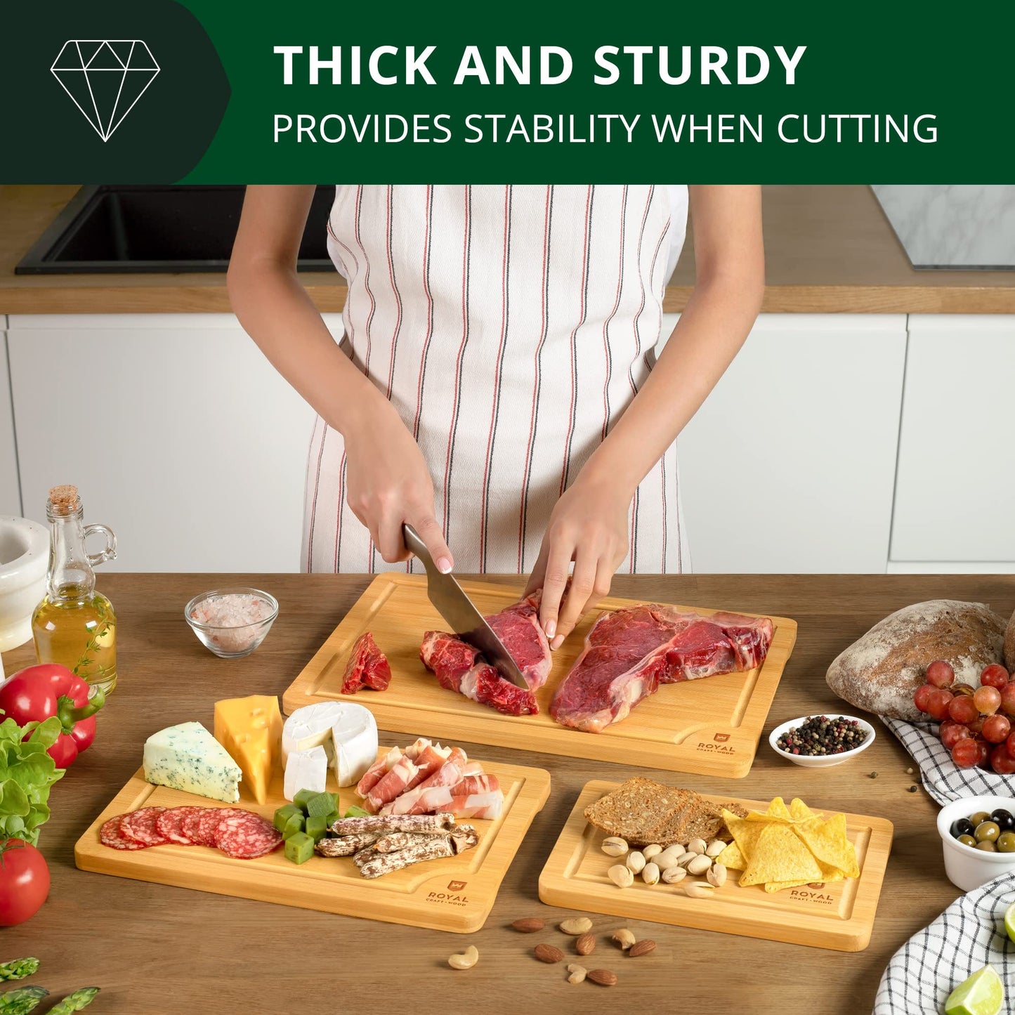Wooden Cutting Boards for Kitchen Meal Prep & Serving - Bamboo Wood Cutting Board Set