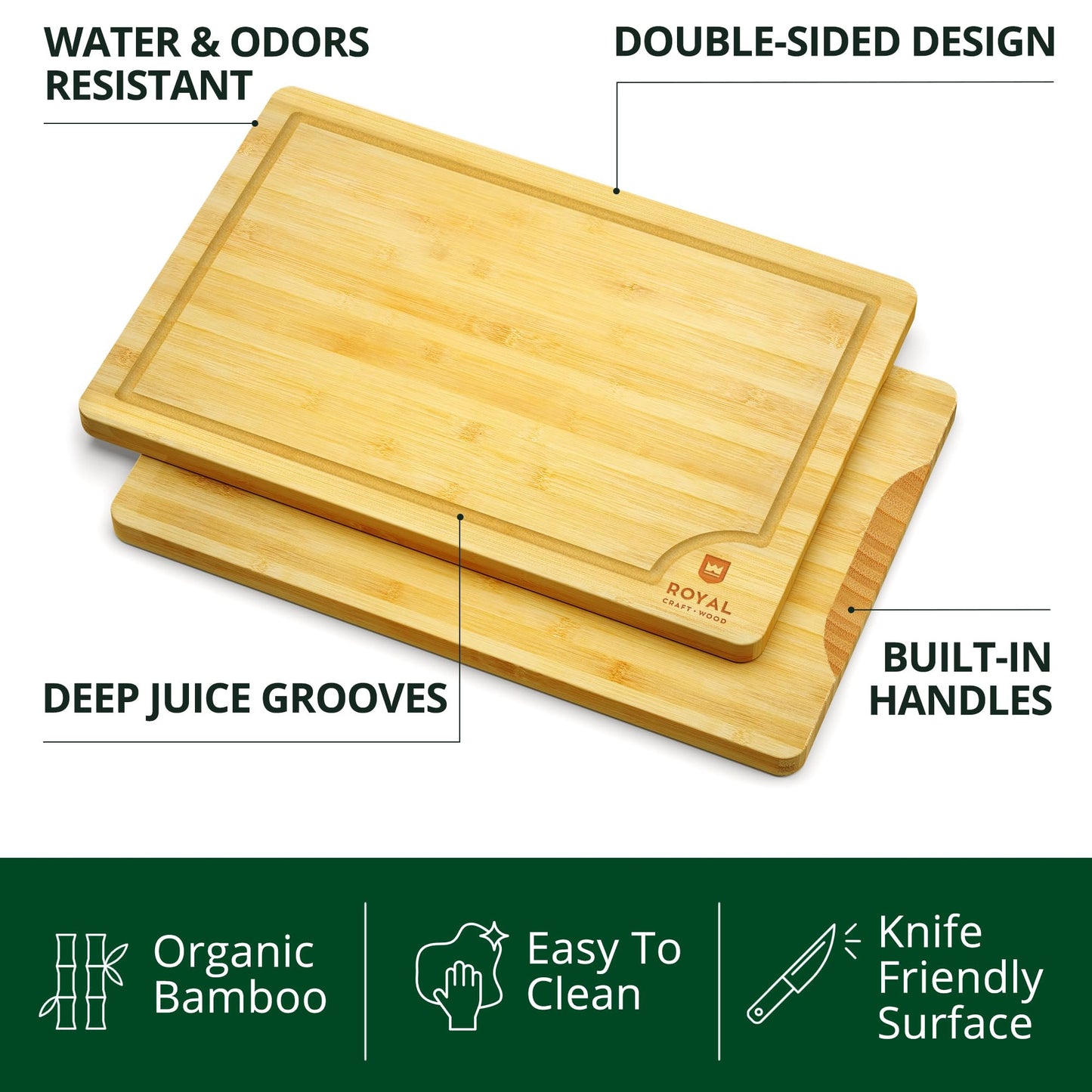 Wooden Cutting Boards for Kitchen Meal Prep & Serving - Bamboo Wood Cutting Board Set