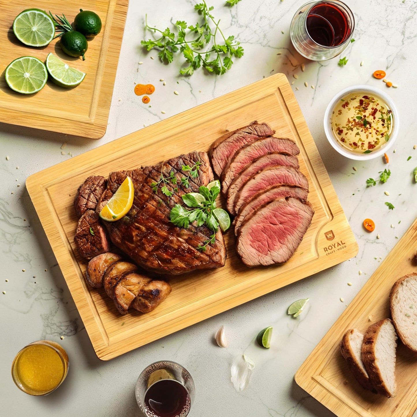 Wooden Cutting Boards for Kitchen Meal Prep & Serving - Bamboo Wood Cutting Board Set