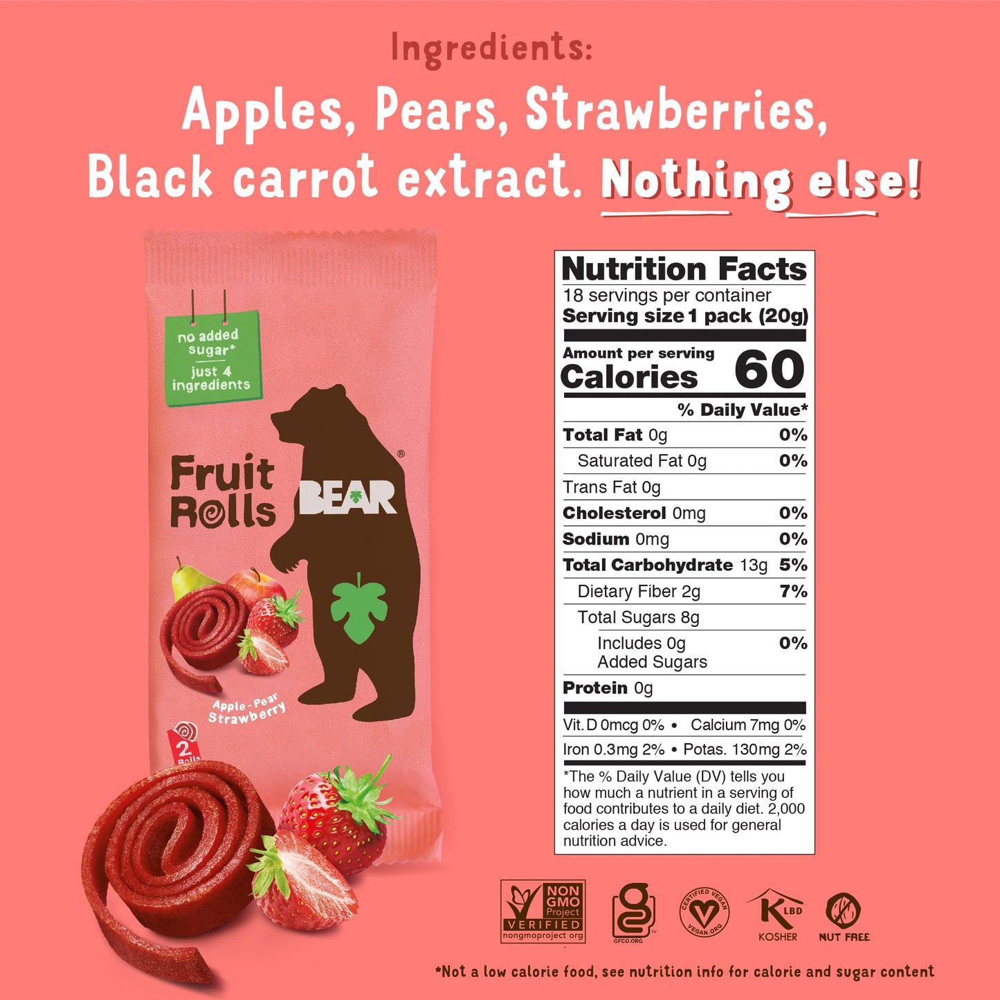 BEAR Real Fruit Snack Rolls - Gluten Free, Vegan, and Non-GMO  0.7 Ounce (Pack of 18)