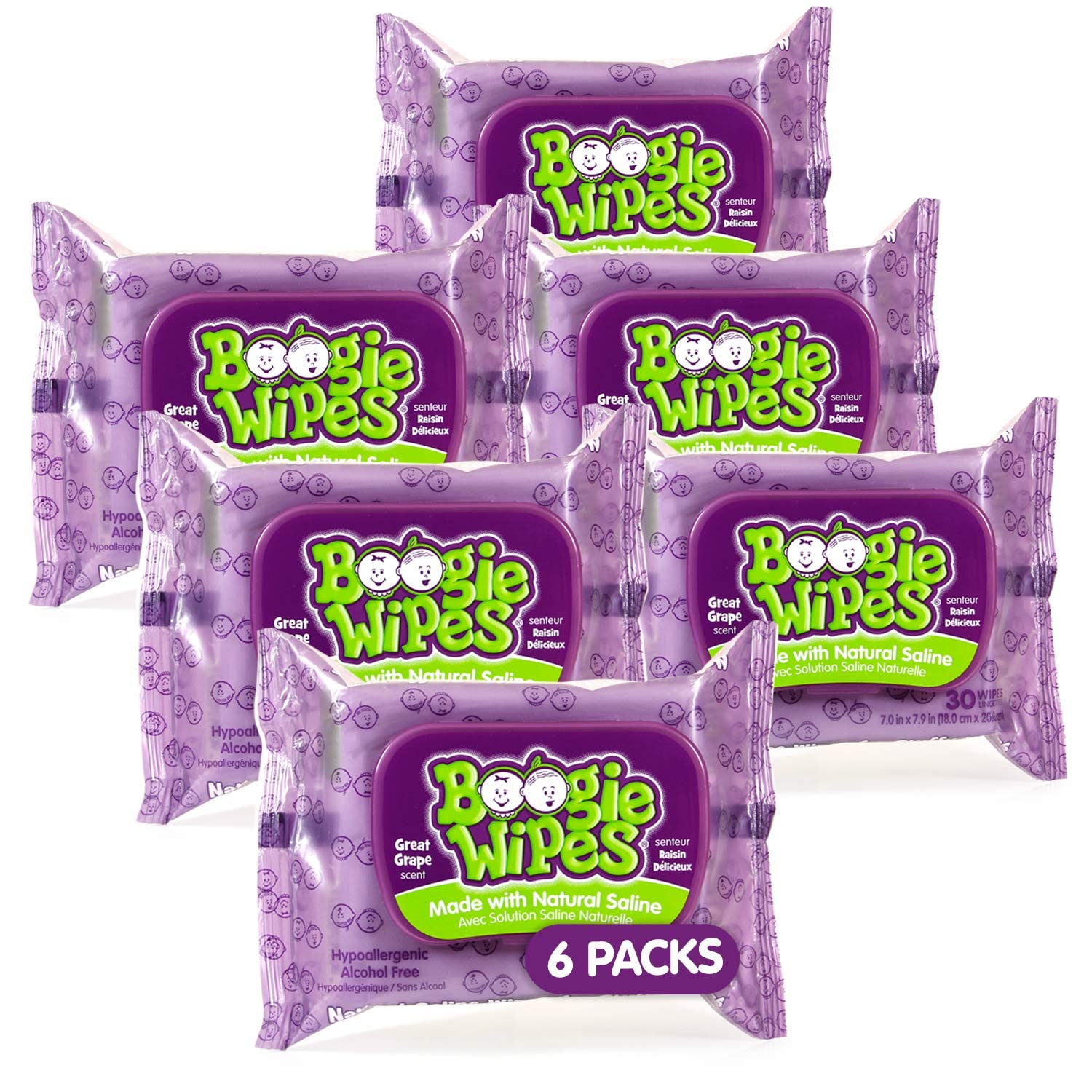 Baby Saline Wipes by Boogie for Face, Body & Nose, for Baby and Kids Made with Natural Saline, Grape Scent, 180 Count (Pack of 6)