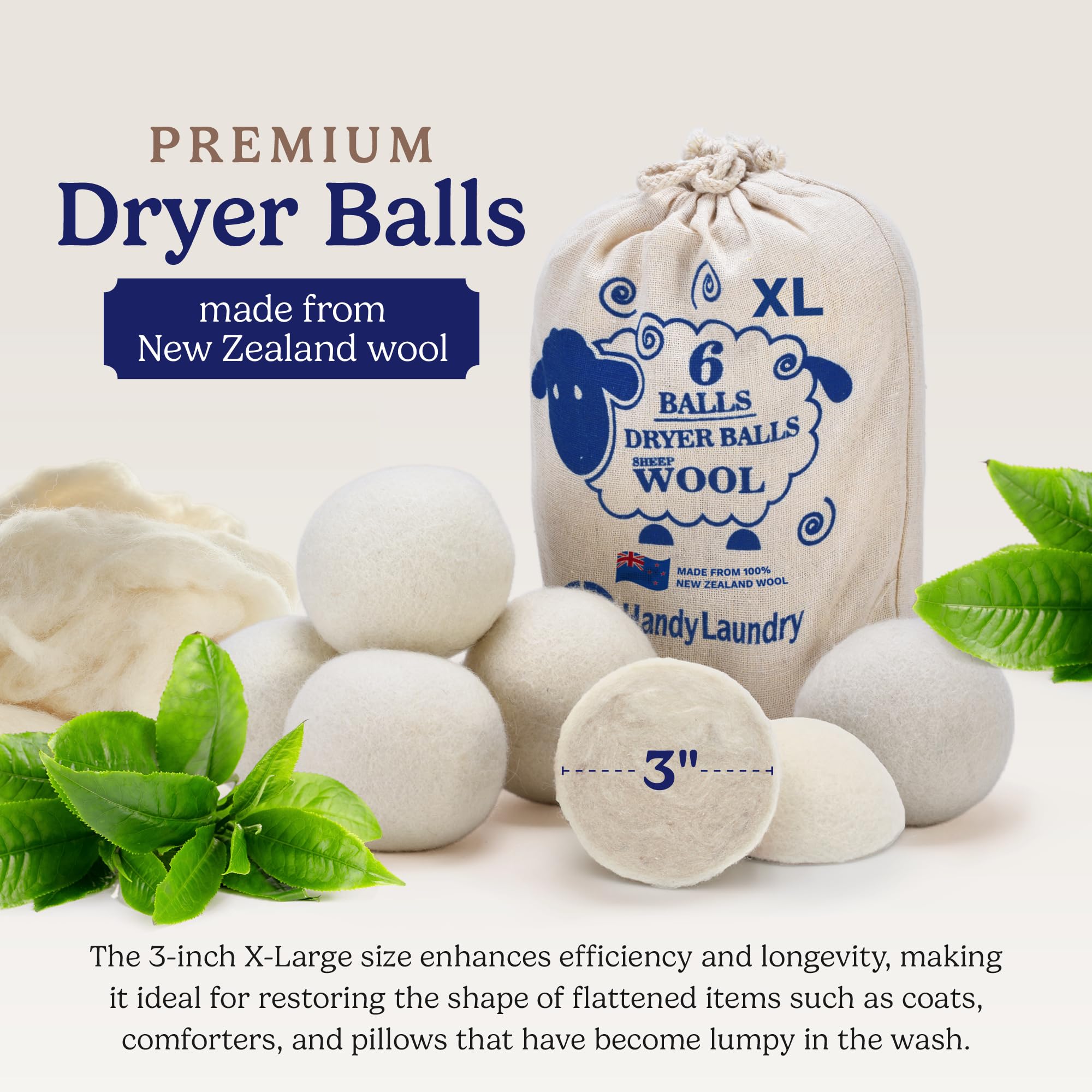 Handy Laundry Wool Dryer Balls - Natural Fabric Softener (Pack of 6)