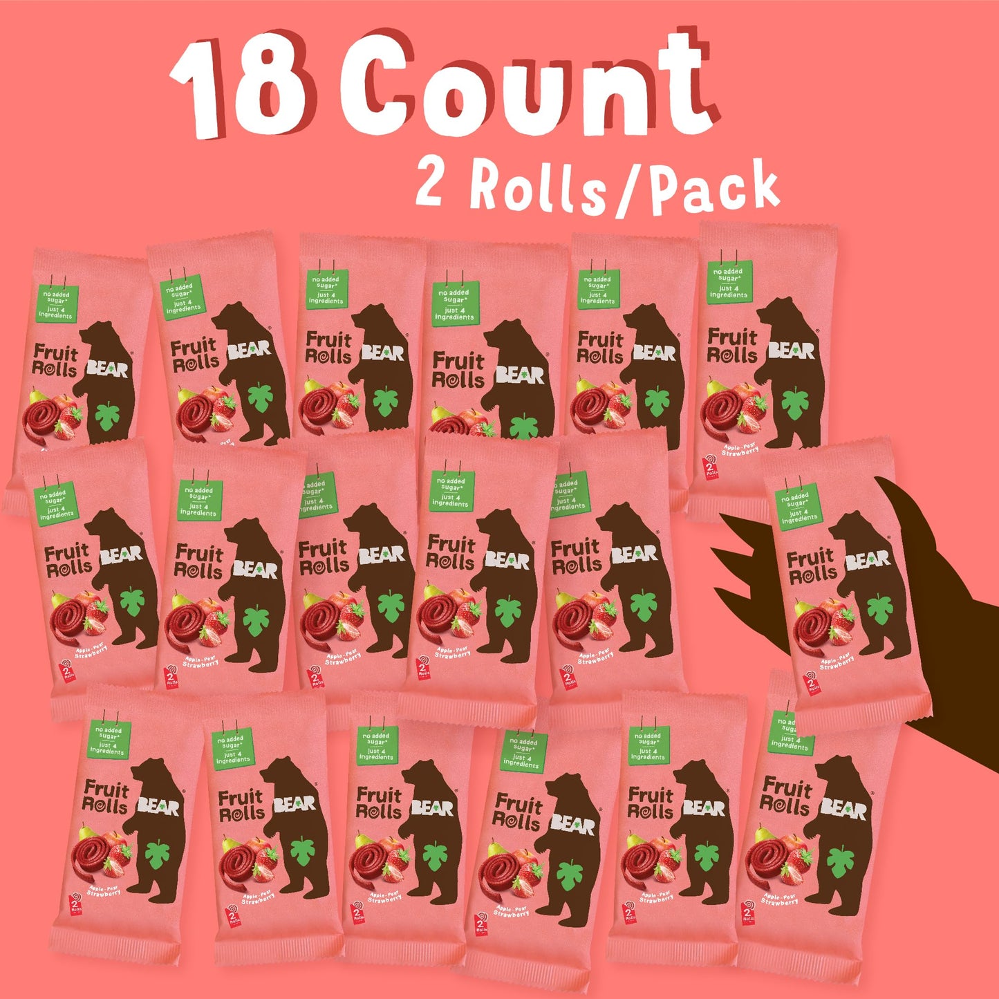 BEAR Real Fruit Snack Rolls - Gluten Free, Vegan, and Non-GMO  0.7 Ounce (Pack of 18)