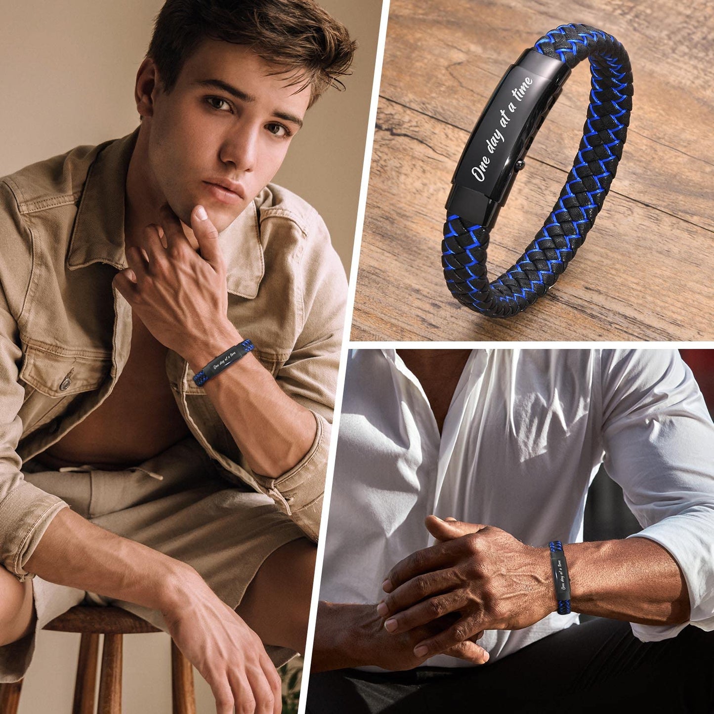 VNOX One Day at a Time Recovery Leather Bracelet Sobriety Gift Addiction Recovery Gift for Men
