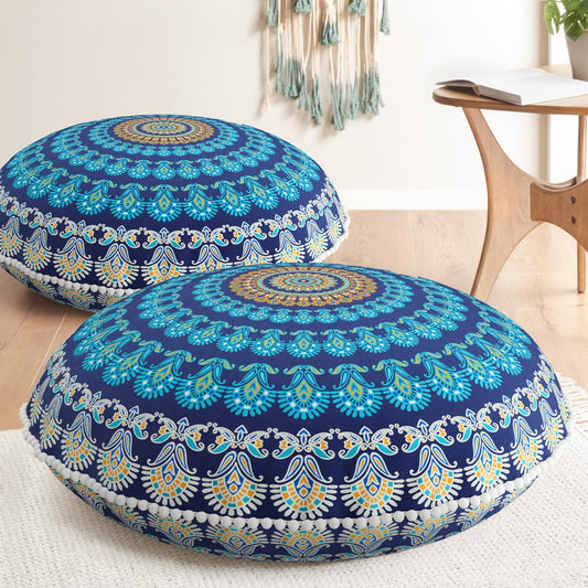 Codi Meditation Floor Pillow Set of 2, Bohemian Mandala Circle Cushion, 32 Inch, Memory Foam Added, Navy