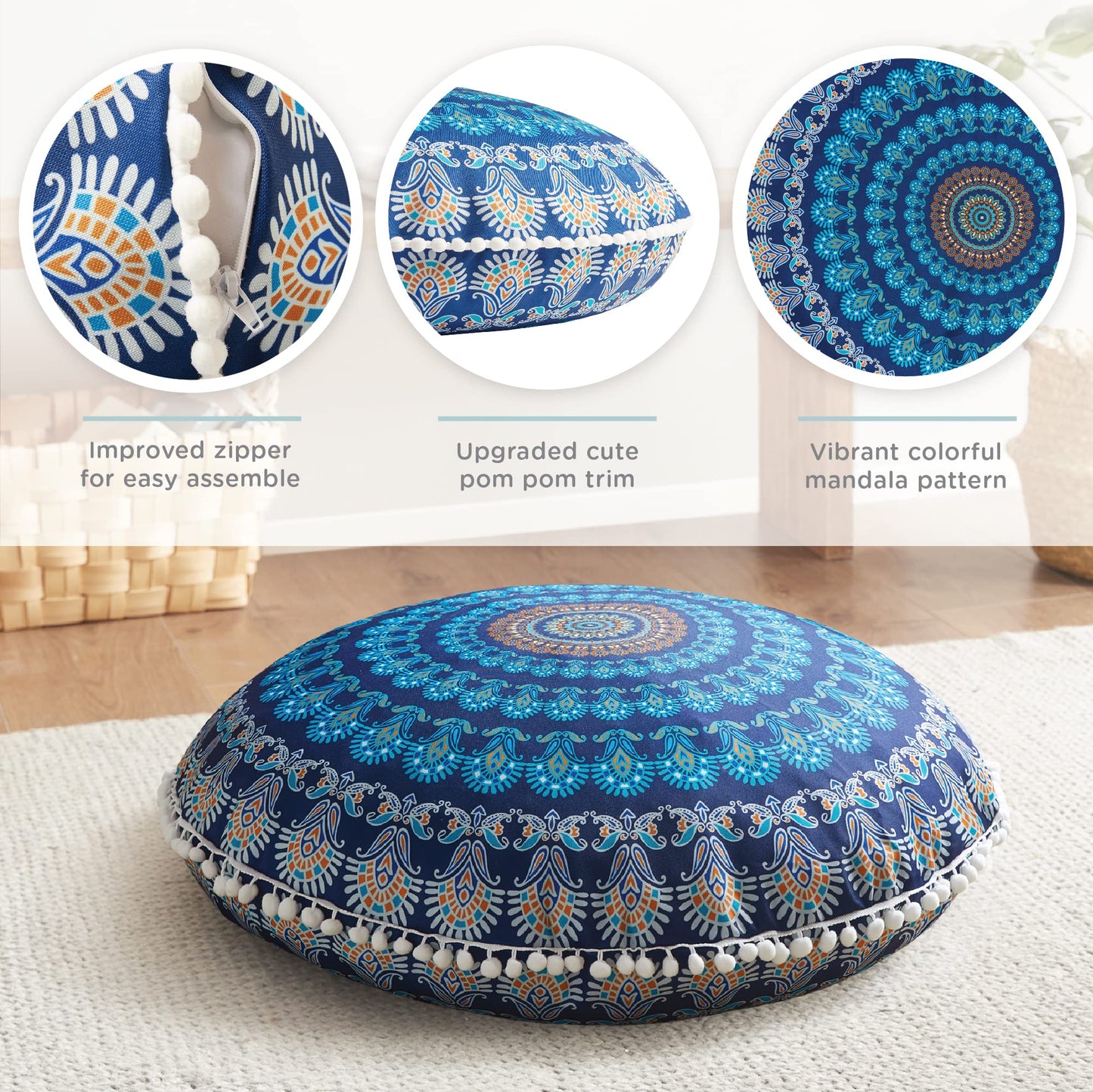 Codi Meditation Floor Pillow Set of 2, Bohemian Mandala Circle Cushion, 32 Inch, Memory Foam Added, Navy