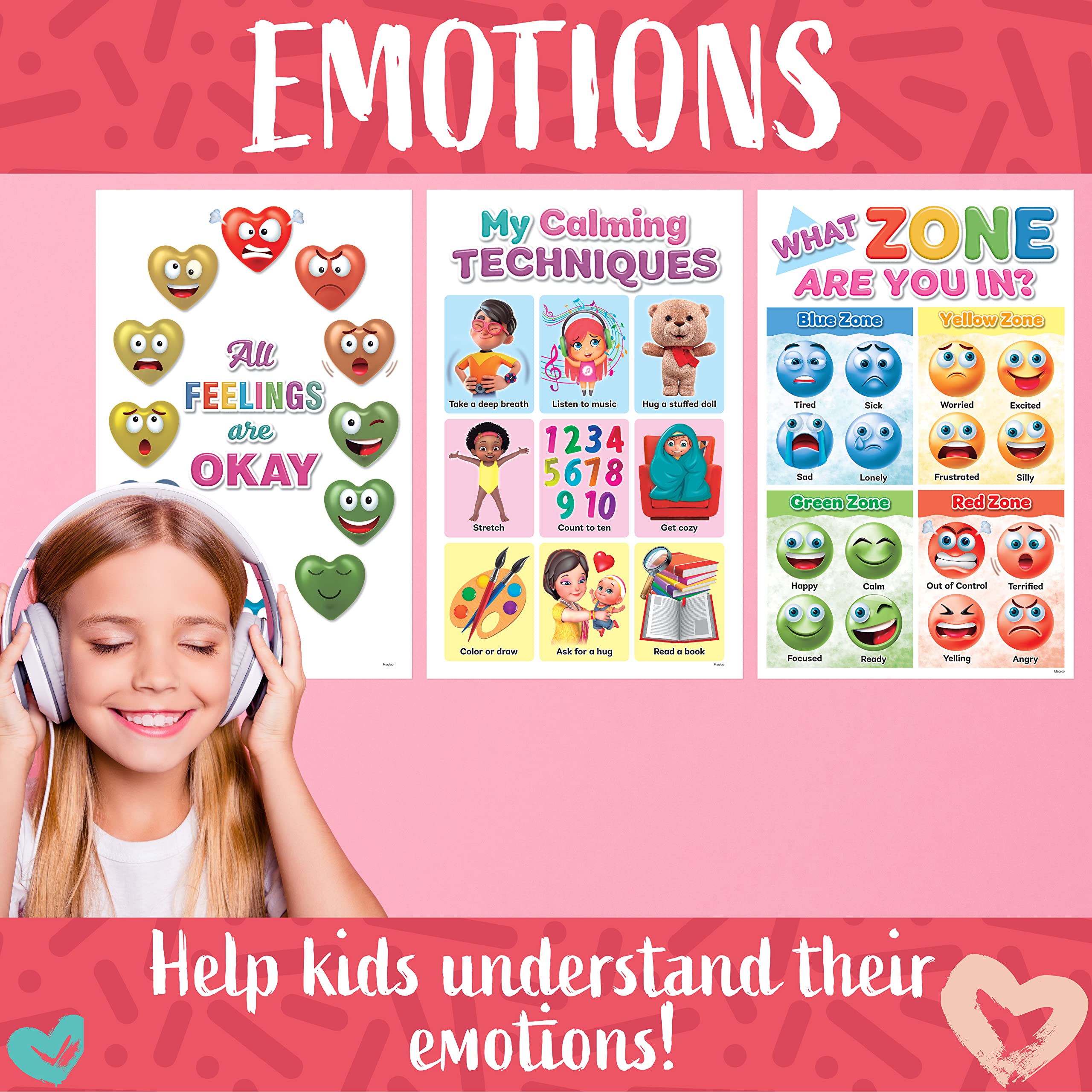 DeeDee's Workshop 4 Feelings Chart For Kids, Zones of Regulation Poster, Emotions Poster, Emotion Chart for Kids, Emotional Regulation, Set of 4 (11 x 17 inches)