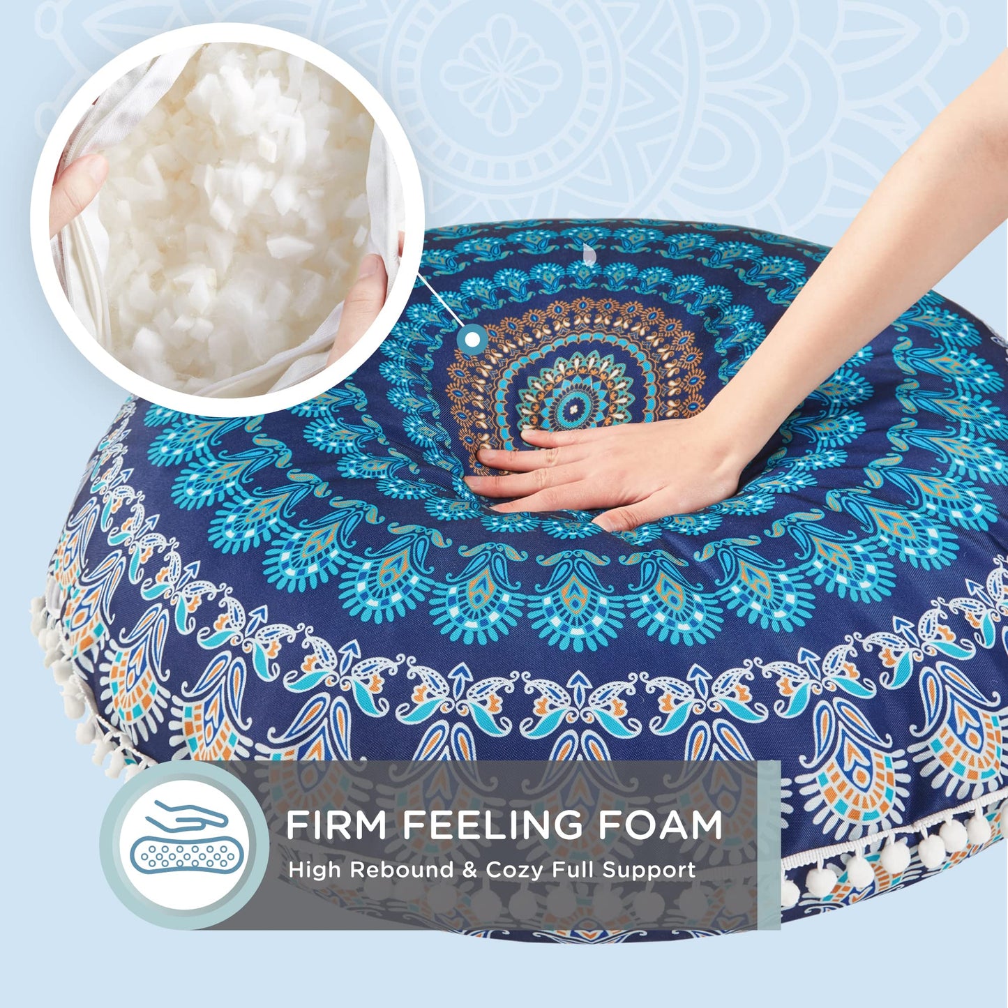 Codi Meditation Floor Pillow Set of 2, Bohemian Mandala Circle Cushion, 32 Inch, Memory Foam Added, Navy