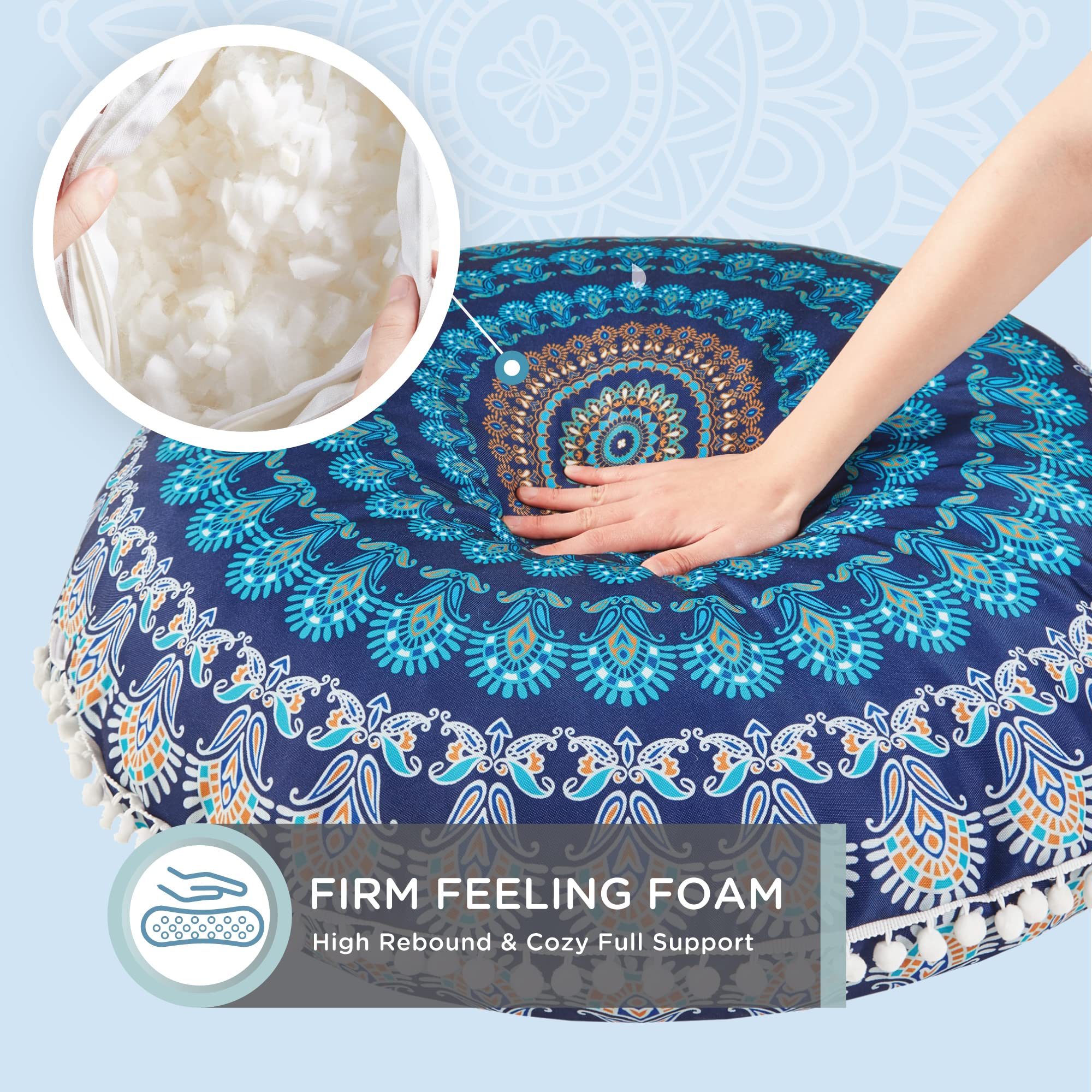 Codi Meditation Floor Pillow Set of 2, Bohemian Mandala Circle Cushion, 32 Inch, Memory Foam Added, Navy
